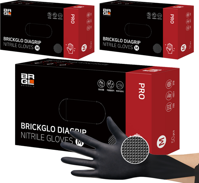 브릭글로 다이아그립 프로 니트릴 장갑 50p, 블랙, M, 3개