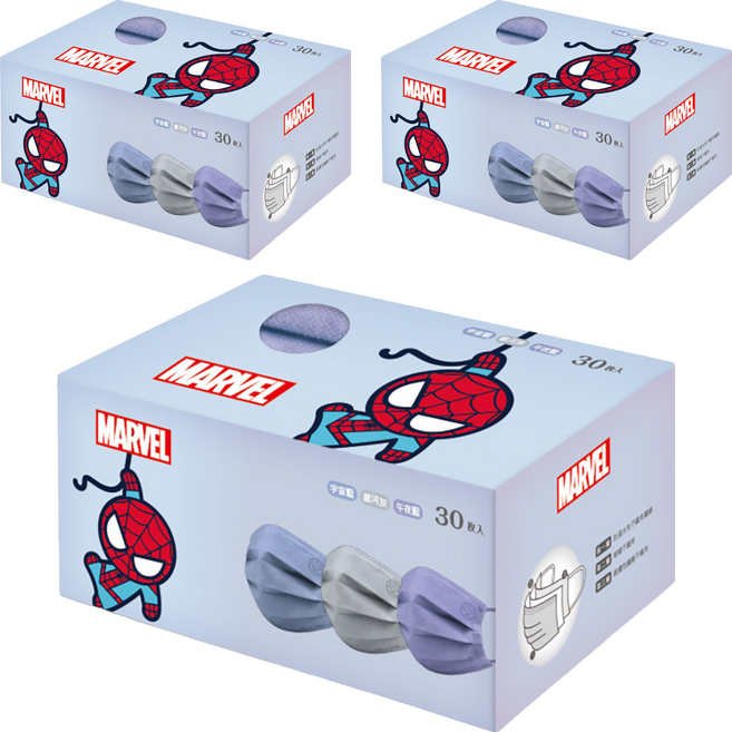 ONEDER 旺達棉品 漫威蜘蛛人兒童平面口罩 (30片/盒), 30片, 宇宙藍/午夜藍/銀河灰, 3盒