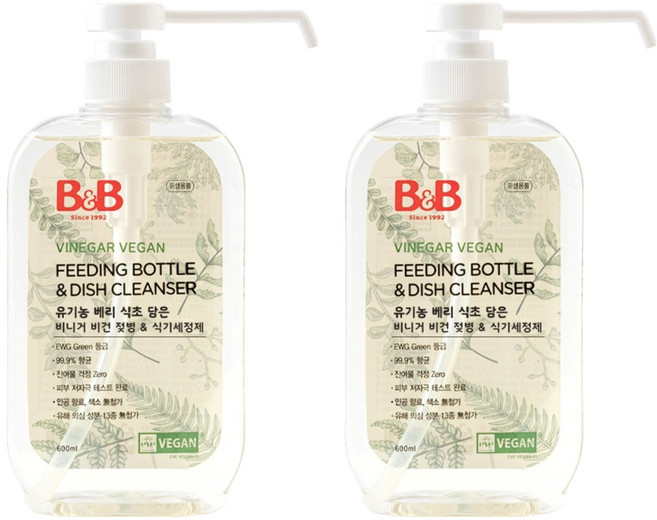 비앤비 비건 젖병 앤 식기세정제 용기형, 2개, 600ml