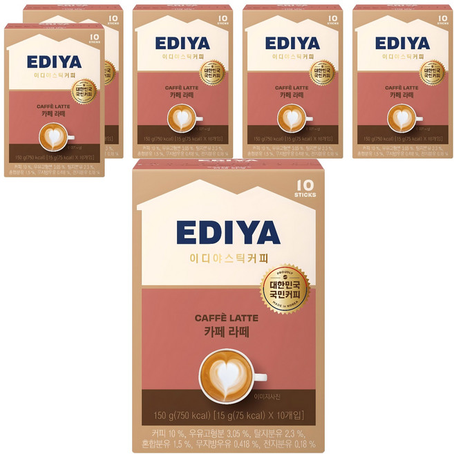 EDIYA COFFEE 拿鐵咖啡, 15g, 10條, 6盒