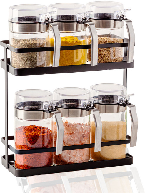 카페로메오 손잡이 양념통 블랙 거치대 세트, 1세트, 양념통 450ml 3p + 양념통 300ml 3p + 거치대 + 스티커 + 스푼 6p