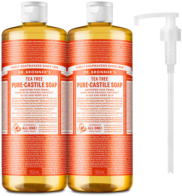 닥터브로너스 퓨어 캐스틸 솝 페이스 앤 바디워시 티트리 2p + 펌프 1p, 950ml, 2개