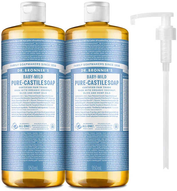 닥터브로너스 베이비 마일드 페이스 앤 바디 퓨어 캐스틸 솝 바디워시 2p +펌프1개, 2개, 950ml - 쿠팡