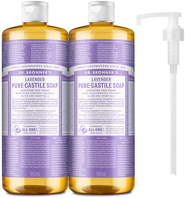 닥터브로너스 퓨어 캐스틸 솝 페이스 앤 바디 바디워시 라벤더 2p +펌프1개, 950ml, 1개 - 쿠팡