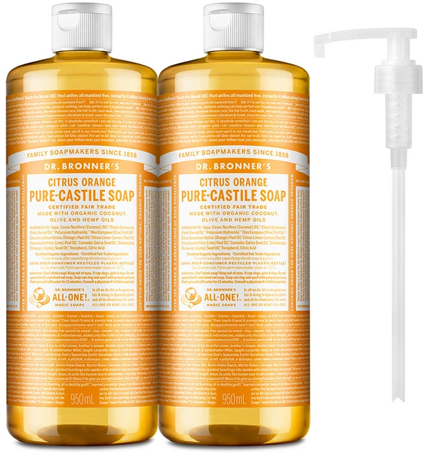 닥터브로너스 퓨어 캐스틸 솝 페이스 앤 바디워시 시트러스 오렌지 2p + 펌프 1p, 950ml, 2개 - 쿠팡