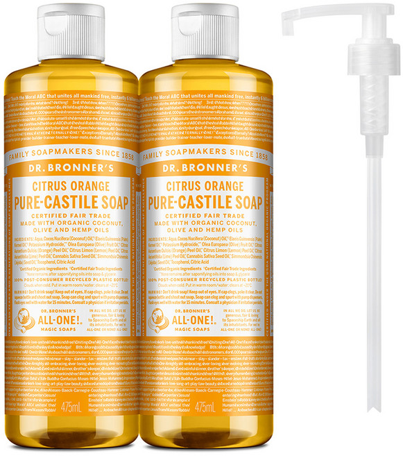 닥터브로너스 시트러스 오렌지 페이스 앤 바디 퓨어 캐스틸 솝 체취 케어 바디워시 2p +펌프1개, 475ml, 2개