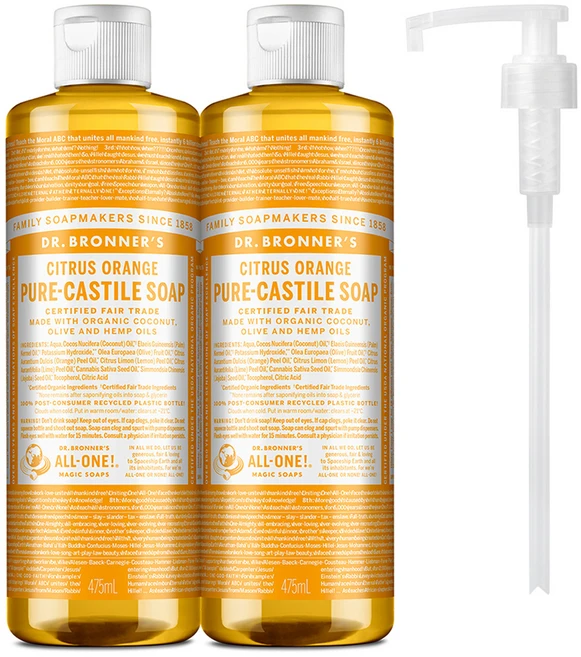 닥터브로너스 시트러스 오렌지 페이스 앤 바디 퓨어 캐스틸 솝 체취 케어 바디워시 2p +펌프1개, 475ml, 2개 - 쿠팡