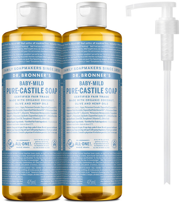 닥터브로너스 베이비 마일드 페이스 앤 바디 퓨어 캐스틸 솝 바디워시 2p +펌프1개, 2개, 475ml