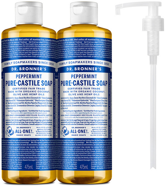 닥터브로너스 페퍼민트 퓨어 캐스틸 솝 바디워시 2p + 펌프 1p, 475ml, 1세트