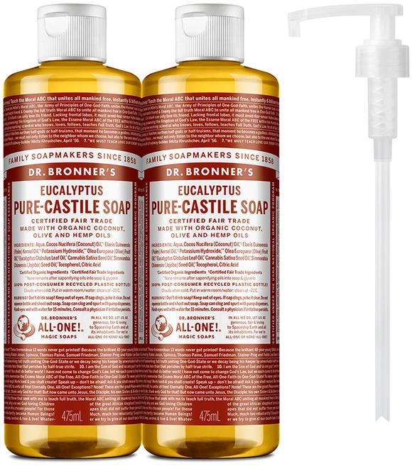 닥터브로너스 유칼립투스 퓨어 캐스틸 솝 체취 케어 페이스 앤 바디 클렌저 2p +펌프1개, 2개, 475ml - 쿠팡