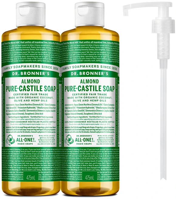 닥터브로너스 아몬드 페이스 앤 바디 퓨어 캐스틸 솝 바디워시 2p +펌프1개, 2개, 475ml - 쿠팡