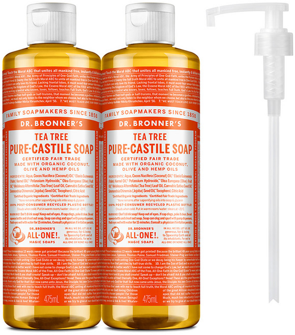 닥터브로너스 퓨어 캐스틸 솝 페이스 앤 바디워시 티트리 2p + 펌프 1p, 475ml, 2개