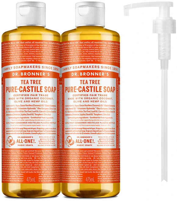 닥터브로너스 퓨어 캐스틸 솝 페이스 앤 바디워시 티트리 2p + 펌프 1p, 475ml, 2개 - 쿠팡