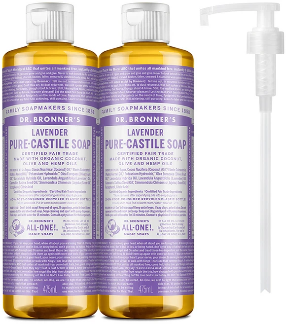 닥터브로너스 퓨어 캐스틸 솝 페이스 앤 바디워시 라벤더 2p + 펌프 1p, 475ml, 2개 - 쿠팡