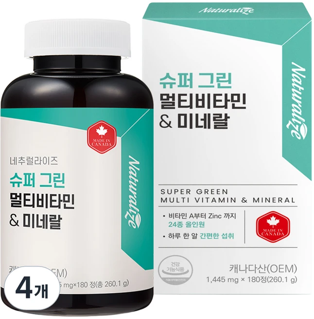 네추럴라이즈 슈퍼 그린 멀티 비타민 앤 미네랄, 180정, 4개 - 쿠팡