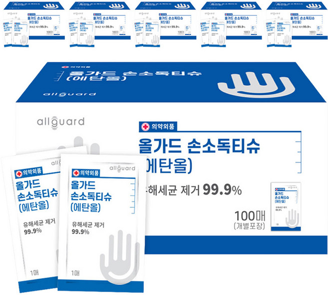 올가드 일회용 손소독티슈 낱개포장형, 100개입, 6개