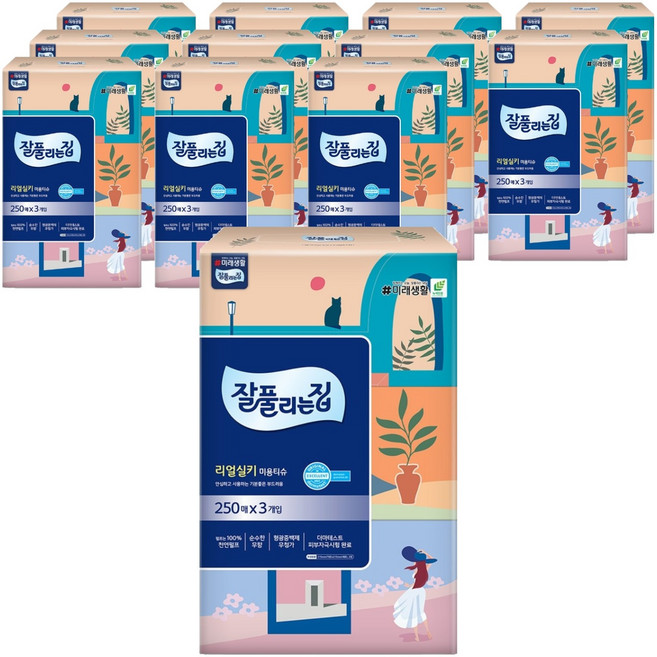 잘풀리는집 리얼실키 천연펄프 미용티슈 2겹, 250매, 12개