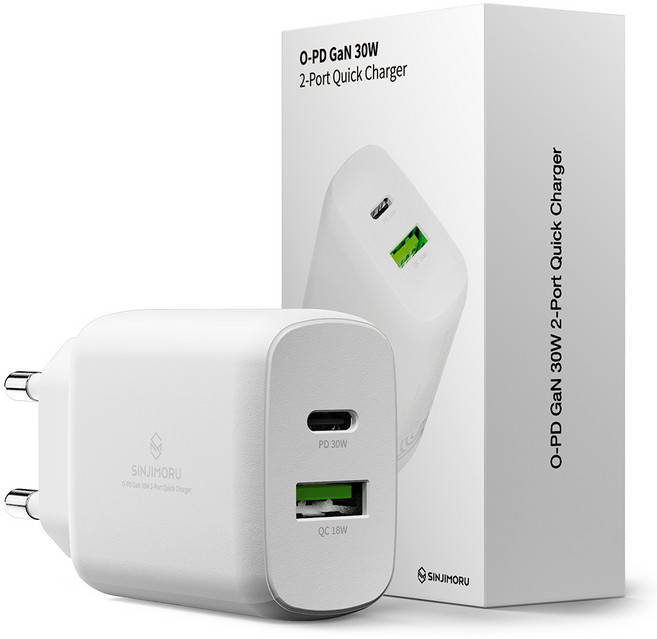 신지모루 초고속 30W O-PD GaN 듀얼포트 PPS PD 충전기, 화이트, 1개