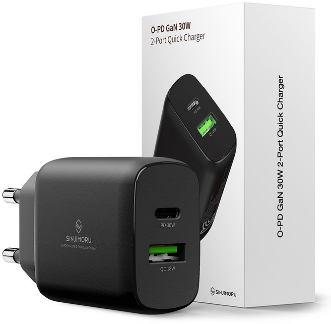신지모루 초고속 30W O-PD GaN 듀얼포트 PPS PD 충전기, 블랙, 1개