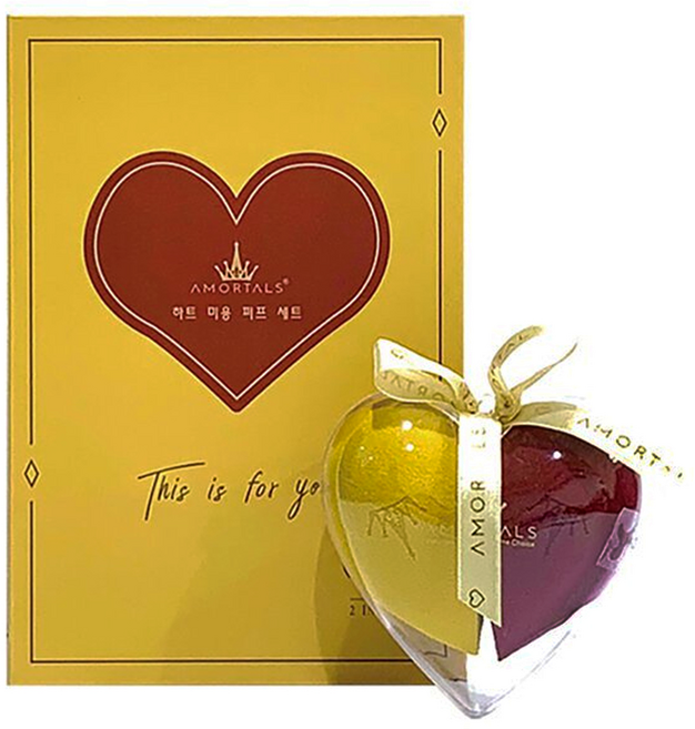 AMORTALS 爾木萄 心悅美妝蛋套盒 雙面切美妝蛋2個 + 心型收納蛋架1個, 紅黃色, 1組