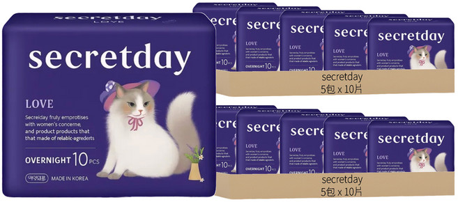 secretday 韓國原裝進口 Love系列 蝶翼衛生棉, 夜用型(36cm), 10片, 10包