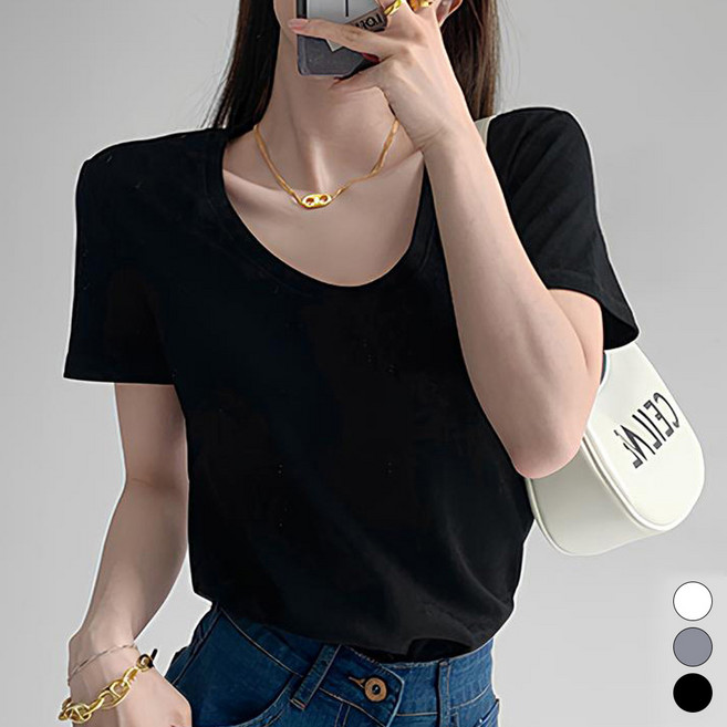 메이첼 여성용 U넥 슬림 베이직 반팔 티셔츠 10261