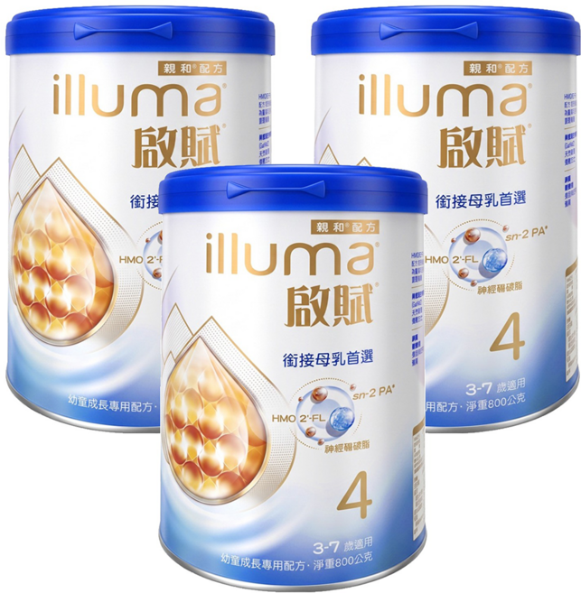 illuma 啟賦 幼童成長專用配方奶粉 4號 HMO 3~7歲, 800g, 1罐, 3罐