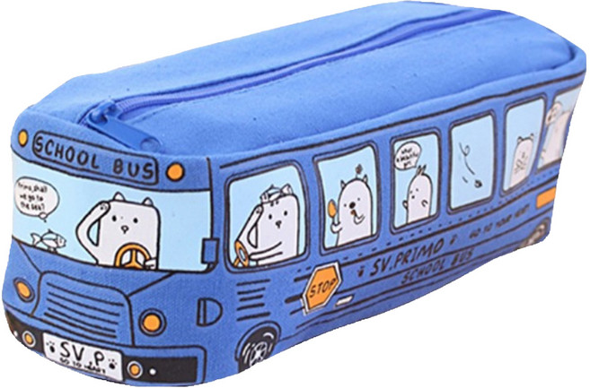 噗噗校車帆布袋型鉛筆盒, 藍色, 1個