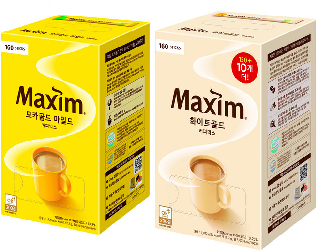 맥심 화이트골드 11.7g x 160p + 모카골드 마일드 12g x 160p 커피믹스 세트, 1세트