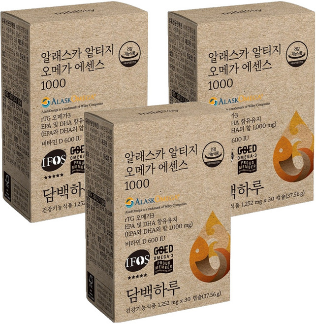담백하루 비타민D 600IU 알래스카 알티지 오메가 에센스 1000 37.56g, 3개, 30정