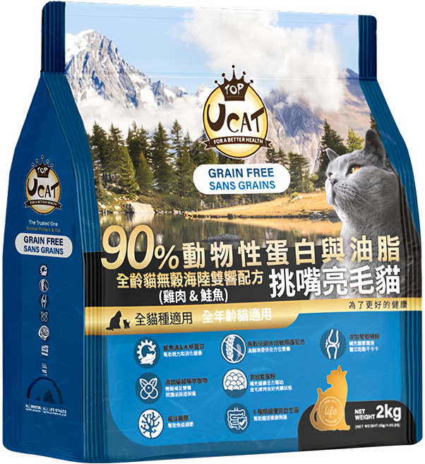 UCAT 全齡貓無穀海陸雙響配方 挑嘴亮毛貓乾飼料, 雞肉&鮭魚, 2000g, 1包