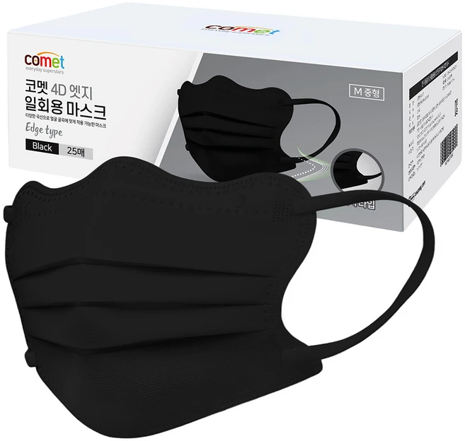 코멧 둥근 얼굴형을 보완 해주는 4D 엣지 일회용 마스크 개별포장 중형, 25개입, 1개, 블랙 - 쿠팡