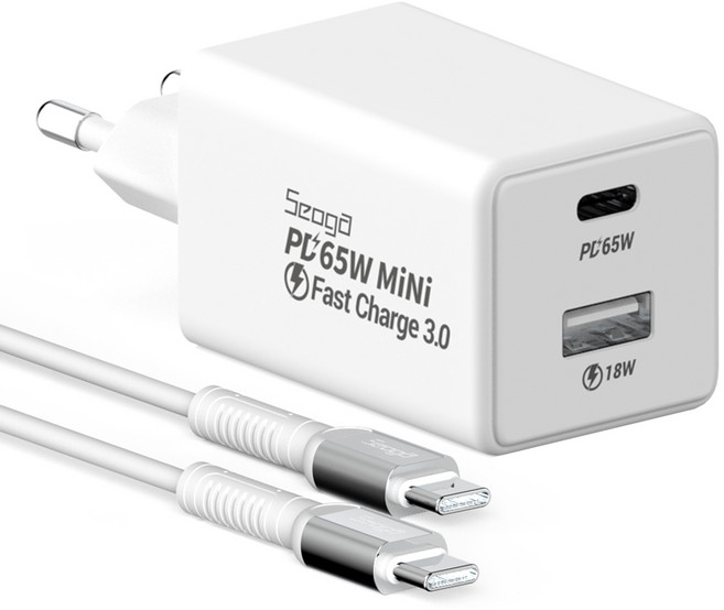서가 미니멈 GaN 65W PD PPS 2포트 멀티 C타입 초고속 충전기 + 60W 메탈 고강도 CtoC 케이블 1.5m 세트, 화이트, 1세트