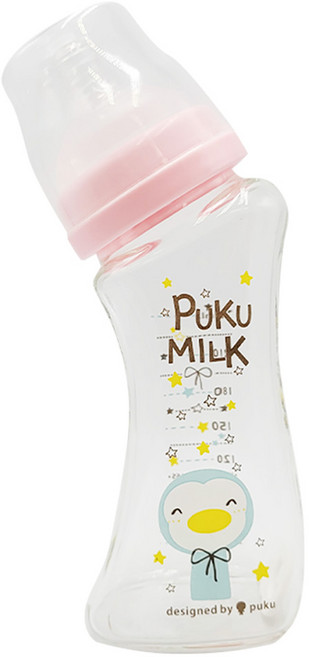 PUKU 藍色企鵝 倍特曲線玻璃奶瓶 6個月以上, 蜜糖粉, 240ml, 1個