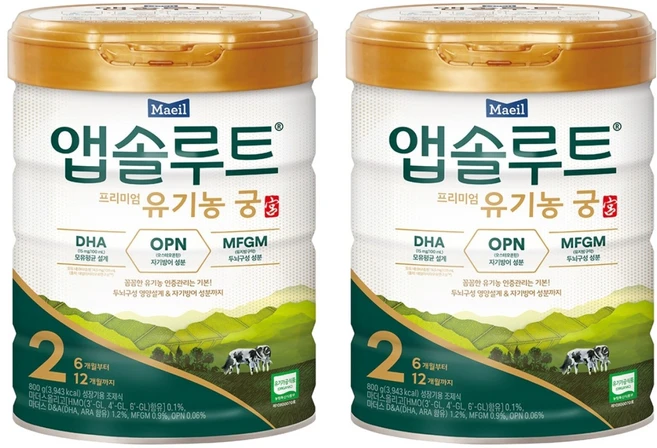 앱솔루트 유기농 궁 분유 2단계 6~12개월, 800g, 2개 - 쿠팡