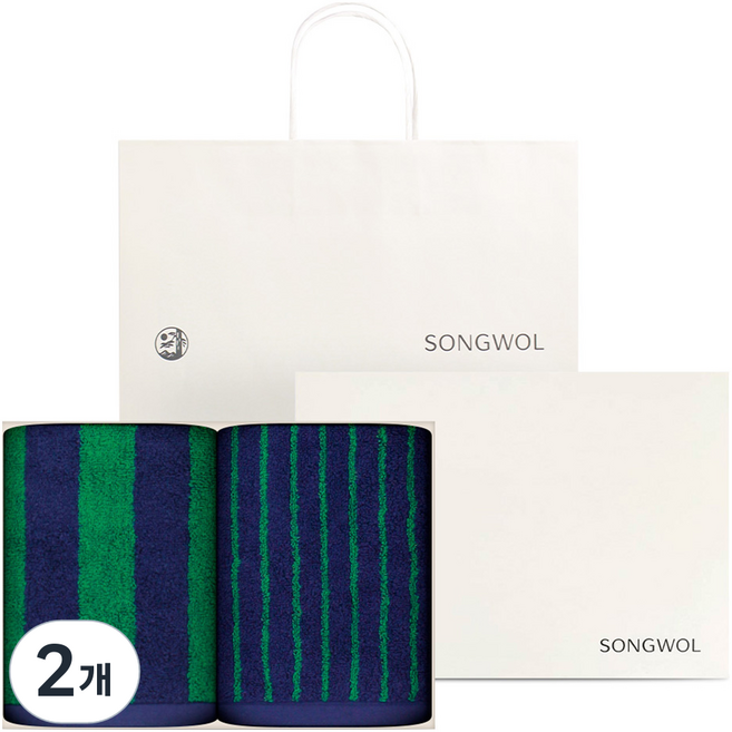 송월타올 컬러릭 스트라이프 180g 30수 코마사 슬림1p + 와이드1p 쇼핑백 선물세트, 와이드 그린, 슬림 그린, 2개