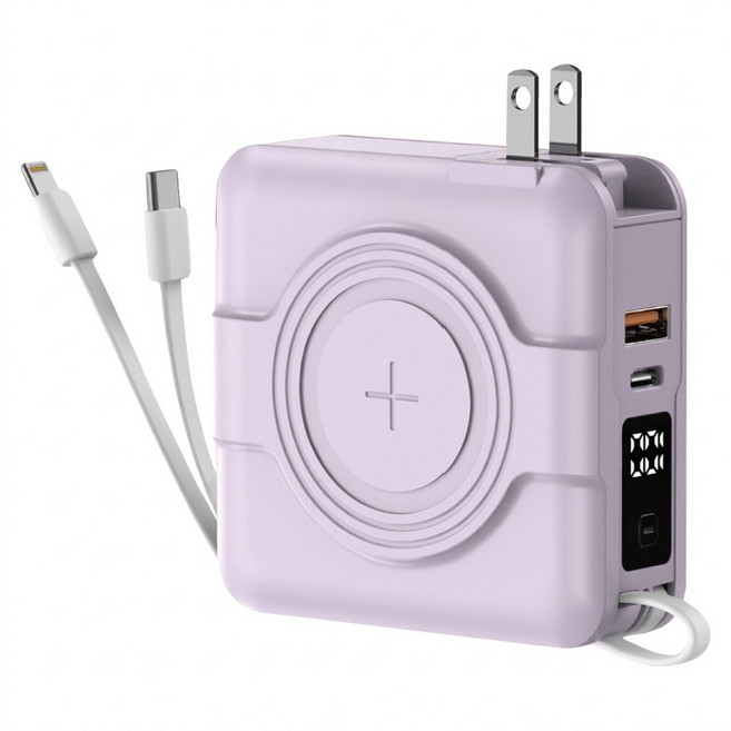 ASPOR 20W4孔輸出 MagSafe無線充電 + PD快充五合一 + 自帶線行動電源 10000mAh, A338, 紫色