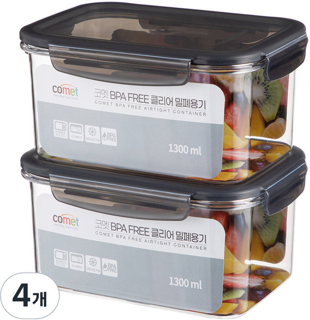 코멧 국내생산 BPA FREE 클리어 밀폐용기, 4개, 1.3L