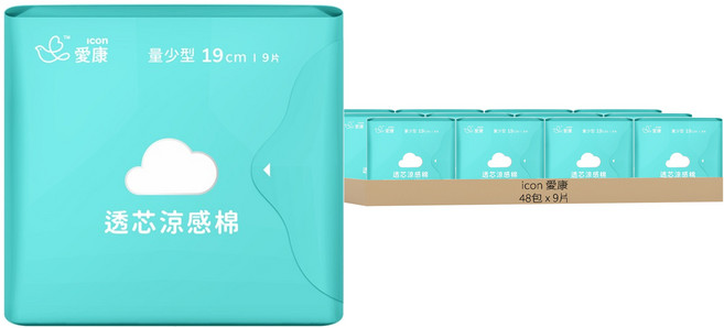 icon 愛康 透芯涼感衛生棉, 量少型(19cm), 9片, 48包