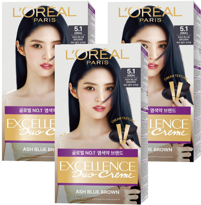 로레알파리 엑셀랑스 듀오크림 나눠쓰는 새치염색 염모제, 5.1호 애쉬 블루 브라운, 3개