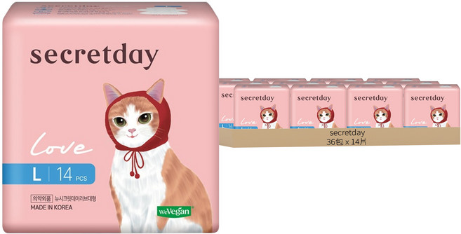 secretday 韓國原裝進口 Love系列 蝶翼衛生棉, L(29cm), 14片, 36包