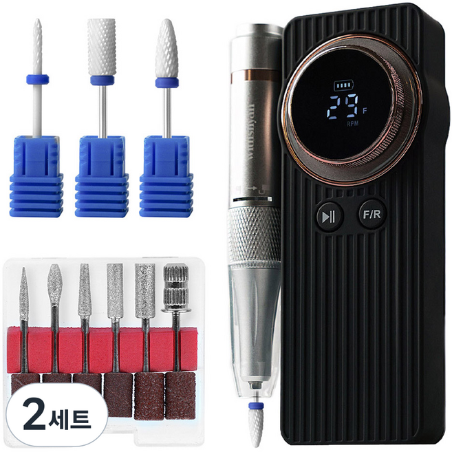 위드샨 프로 맥스 전문가용 무선 젤네일 쏙오프 드릴 + 비트 6종 + 세라믹 비트 3종 세트, 2세트, 블랙 + 로즈골드(드릴)