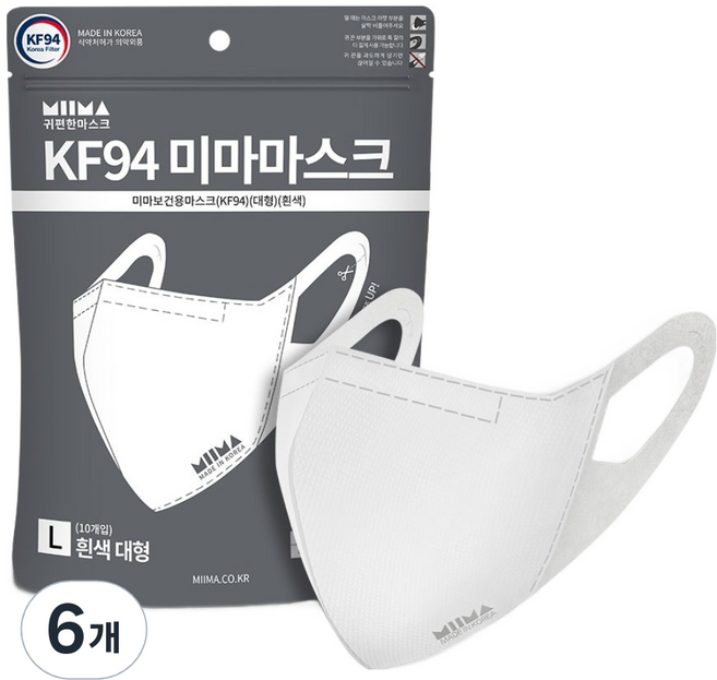 미마 보건용 마스크 성인용 KF94 대형, 10개입, 6개, 흰색