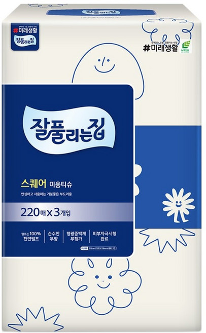 잘풀리는집 스퀘어 천연펄프 미용티슈 2겹, 3개, 220매