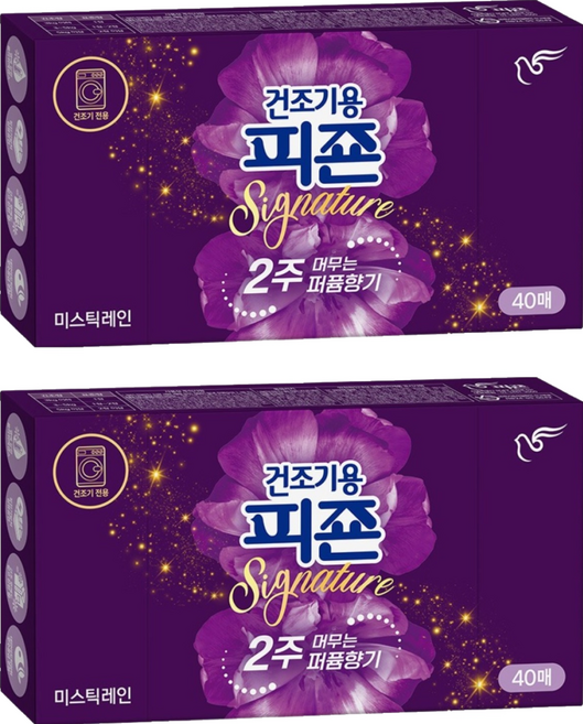 피죤 섬유유연제 건조기용 시트 미스틱 레인향 본품, 40매, 2개