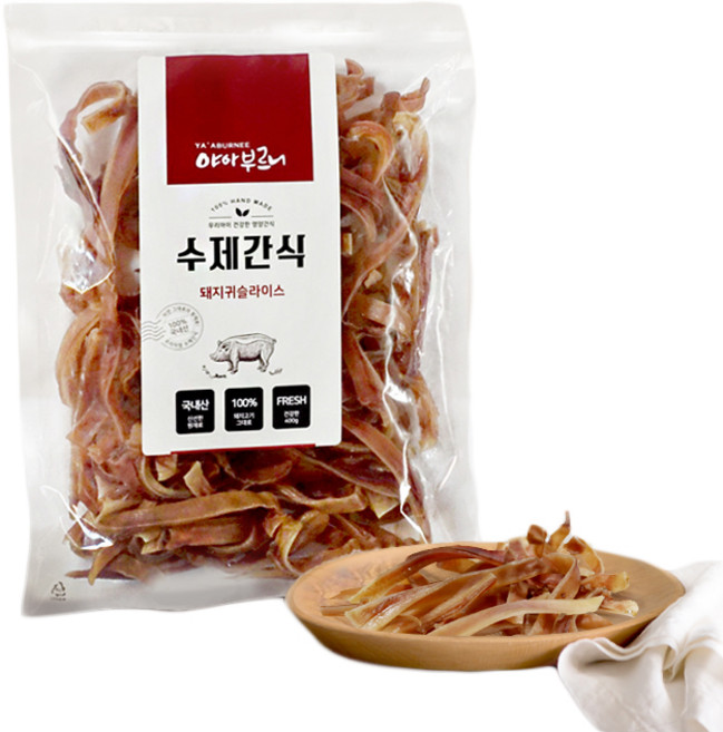 야아부르니 강아지 수제 건조간식 대용량팩, 돼지귀슬라이스, 400g, 1개