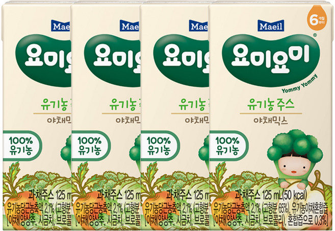 요미요미 매일유업 유기농 주스 야채믹스, 125ml, 4개