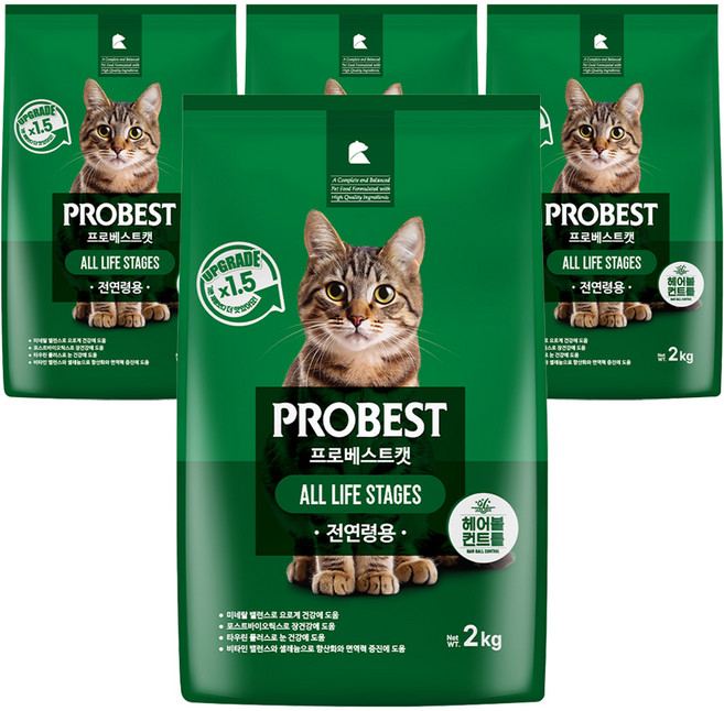 프로베스트 고양이 그린 전연령 기능성 사료, 헤어볼+장건강, 2kg, 4개
