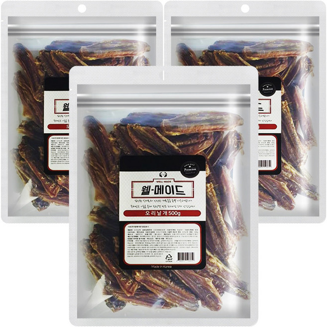 웰메이드 강아지 원물 건조 간식, 오리날개맛, 500g, 3개