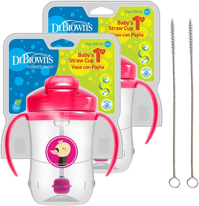 닥터브라운 신형 추추빨대컵 270ml + 청소솔, 핑크, 2개 - 쿠팡